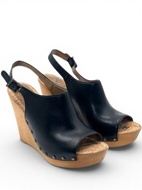 Sam Edelman Camilla Black Leather Wood Platform Wedge Stud Slingback Sandal 10